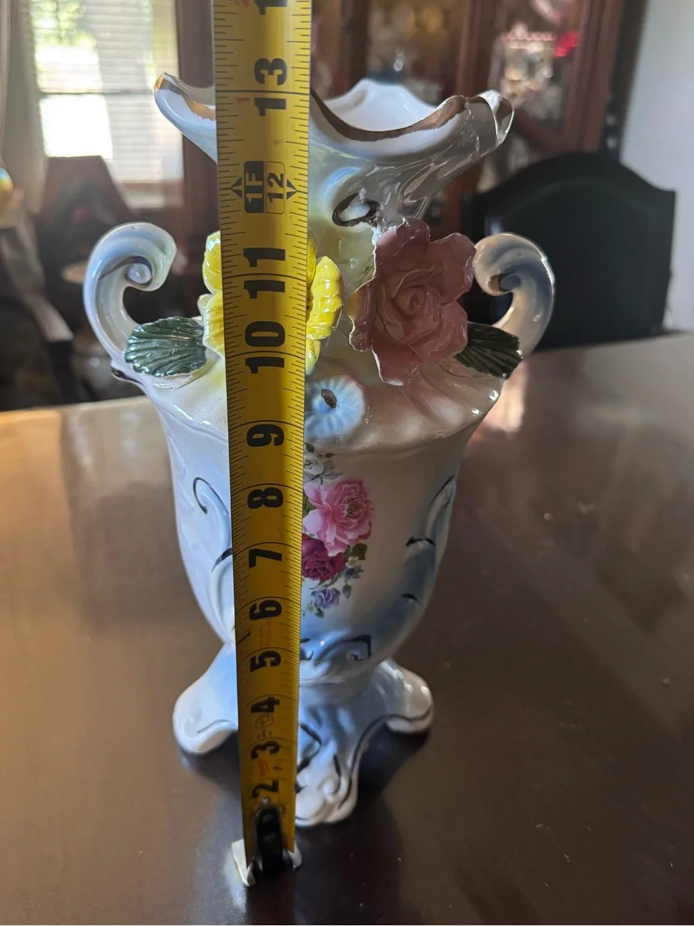 Blue Porcelain Floral Accent Vase with Yellow and Pink Flowers